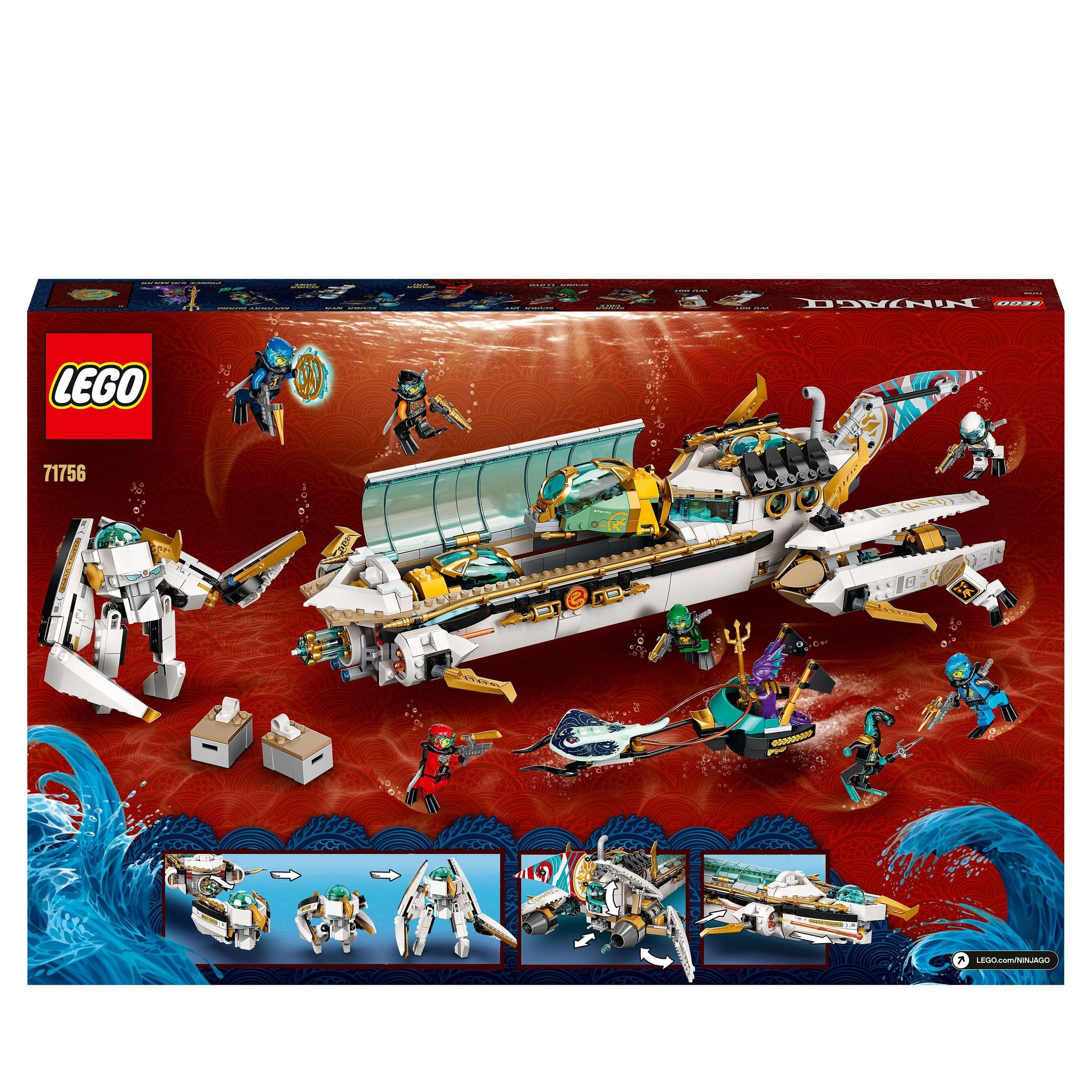 LEGO NINJAGO Hydro Bounty Submarine Set 71756 with minifigures and underwater battle features.
