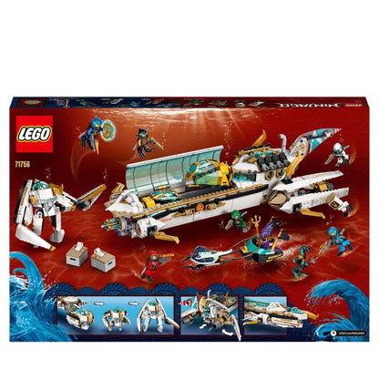 LEGO NINJAGO Hydro Bounty Submarine Set 71756 with minifigures and underwater battle features.