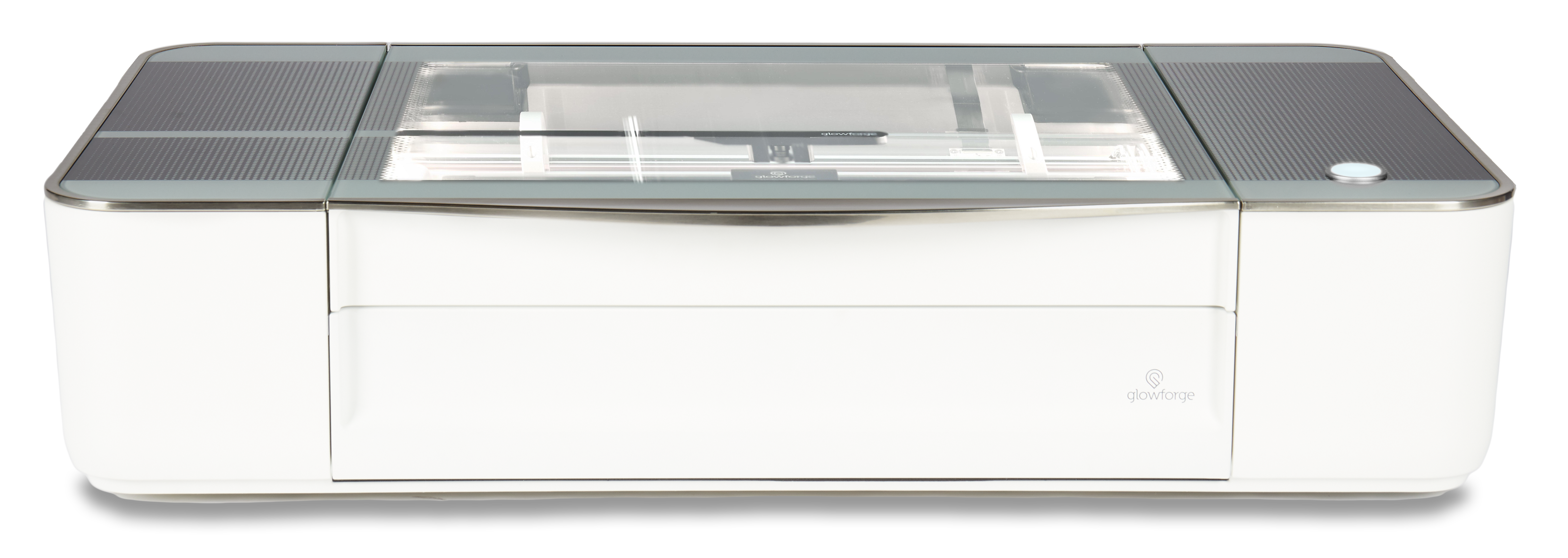 Glowforge Plus laser cutter with glass top, designed for fast engraving and cutting, ideal for creative projects.