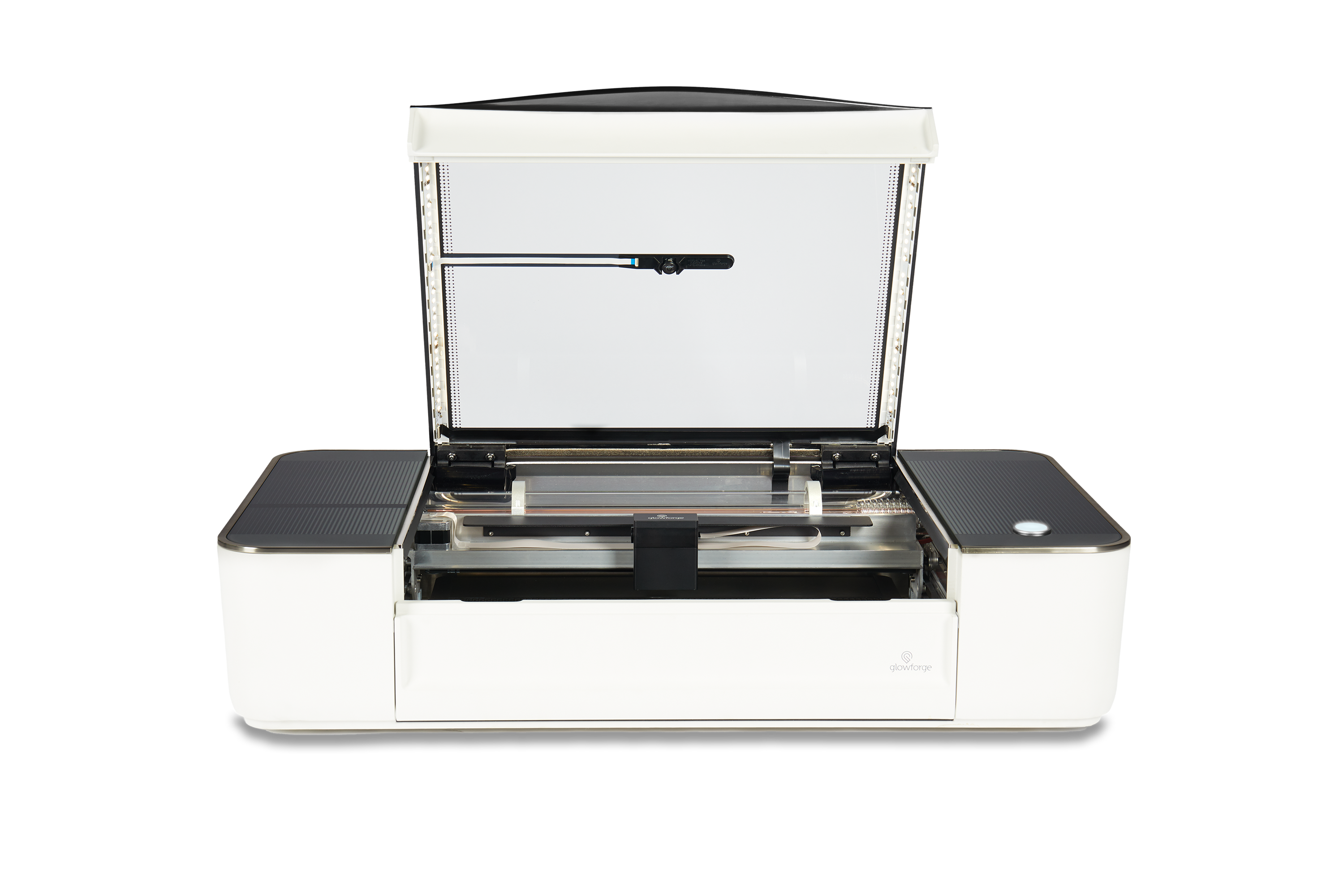 Glowforge Plus laser cutter with open lid and high-tech components, ideal for engraving and cutting projects.