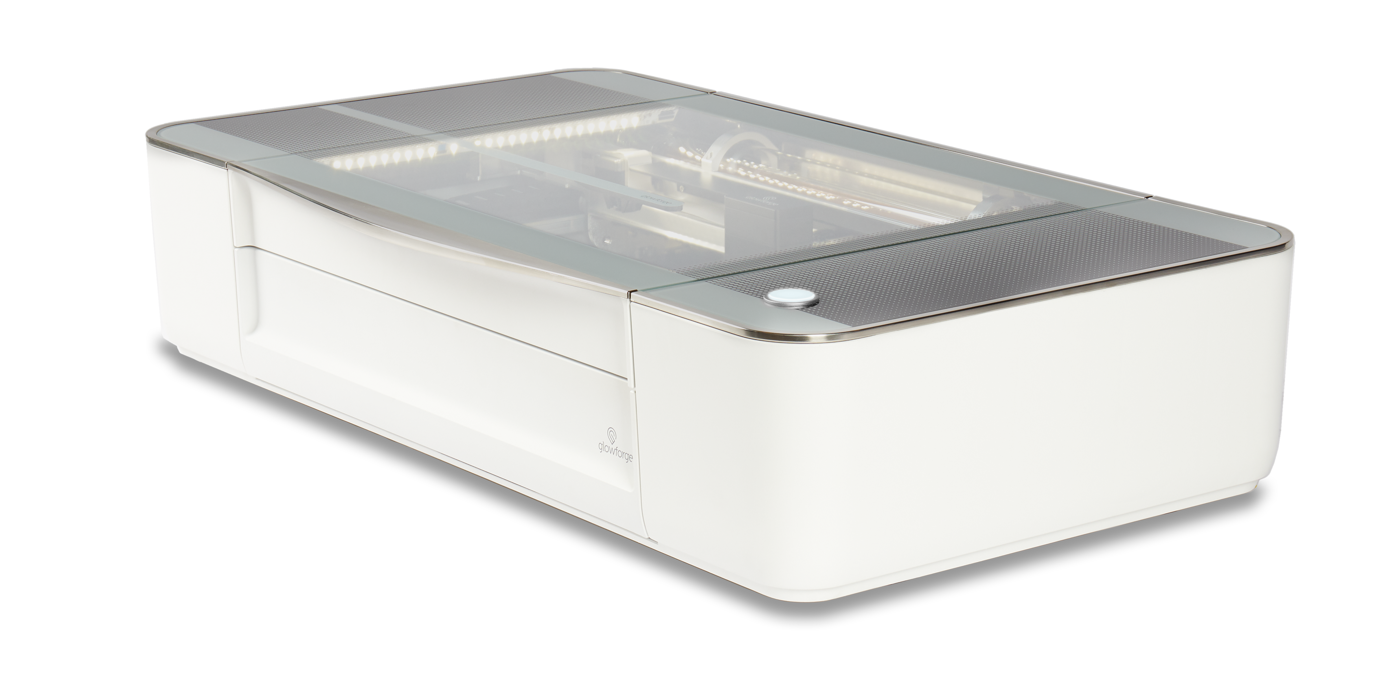 Glowforge Plus laser cutter machine with a sleek white design and transparent top for engraving and cutting.