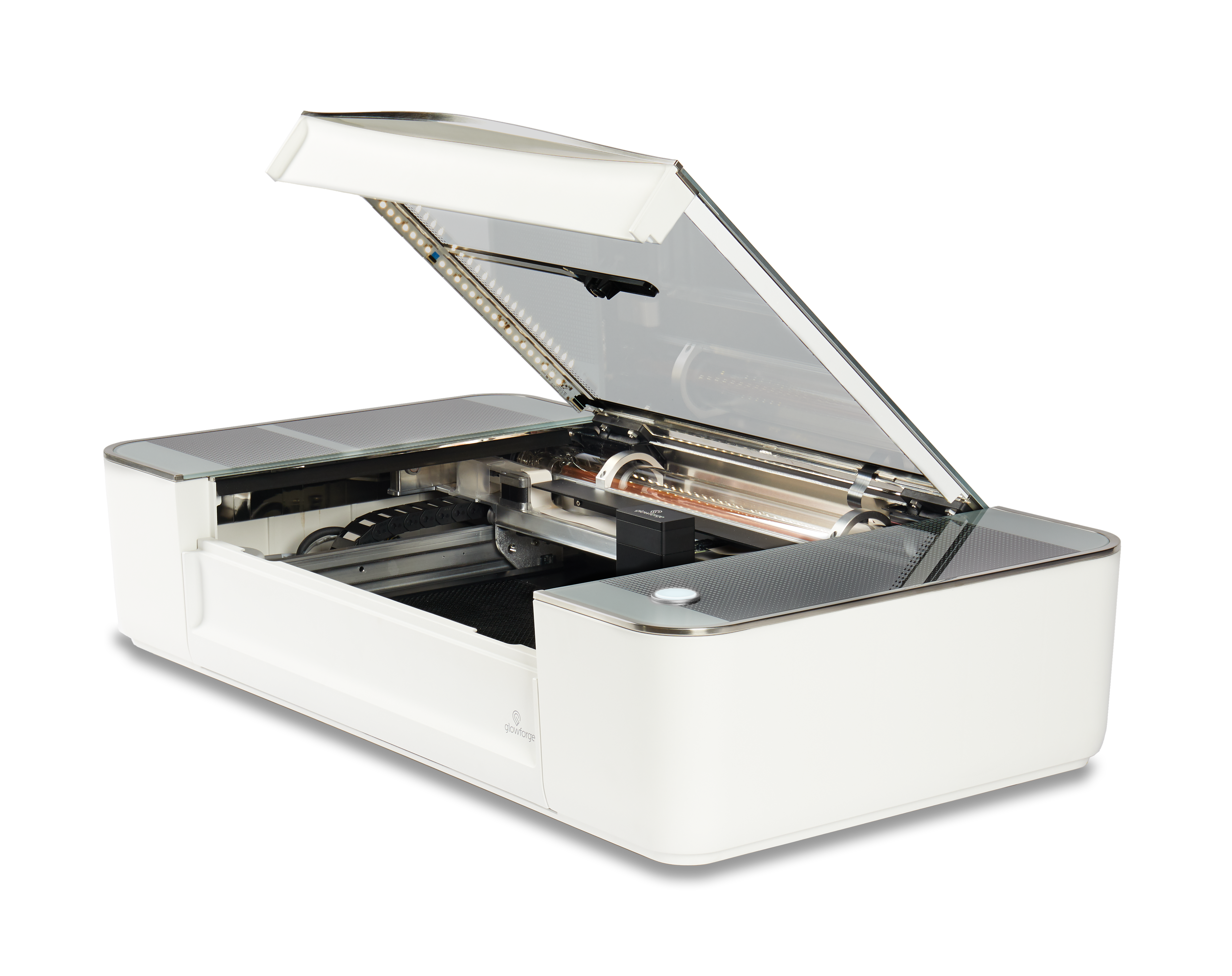 Glowforge Plus laser cutter with lid open, showcasing upgraded components and design.