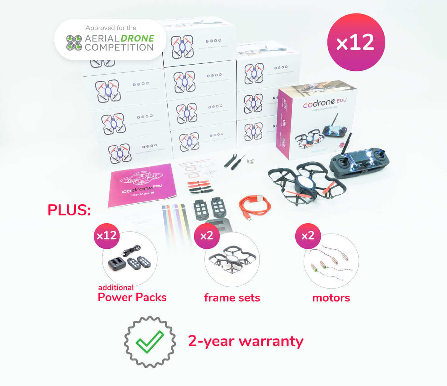 Robolink CoDrone EDU 12 Pack, complete with drones, power packs, and warranty for educational coding experience.