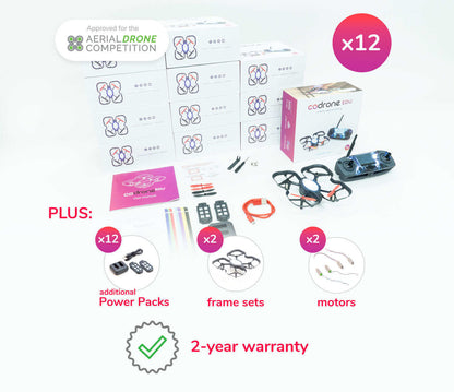 Robolink CoDrone EDU 12 Pack, complete with drones, power packs, and warranty for educational coding experience.
