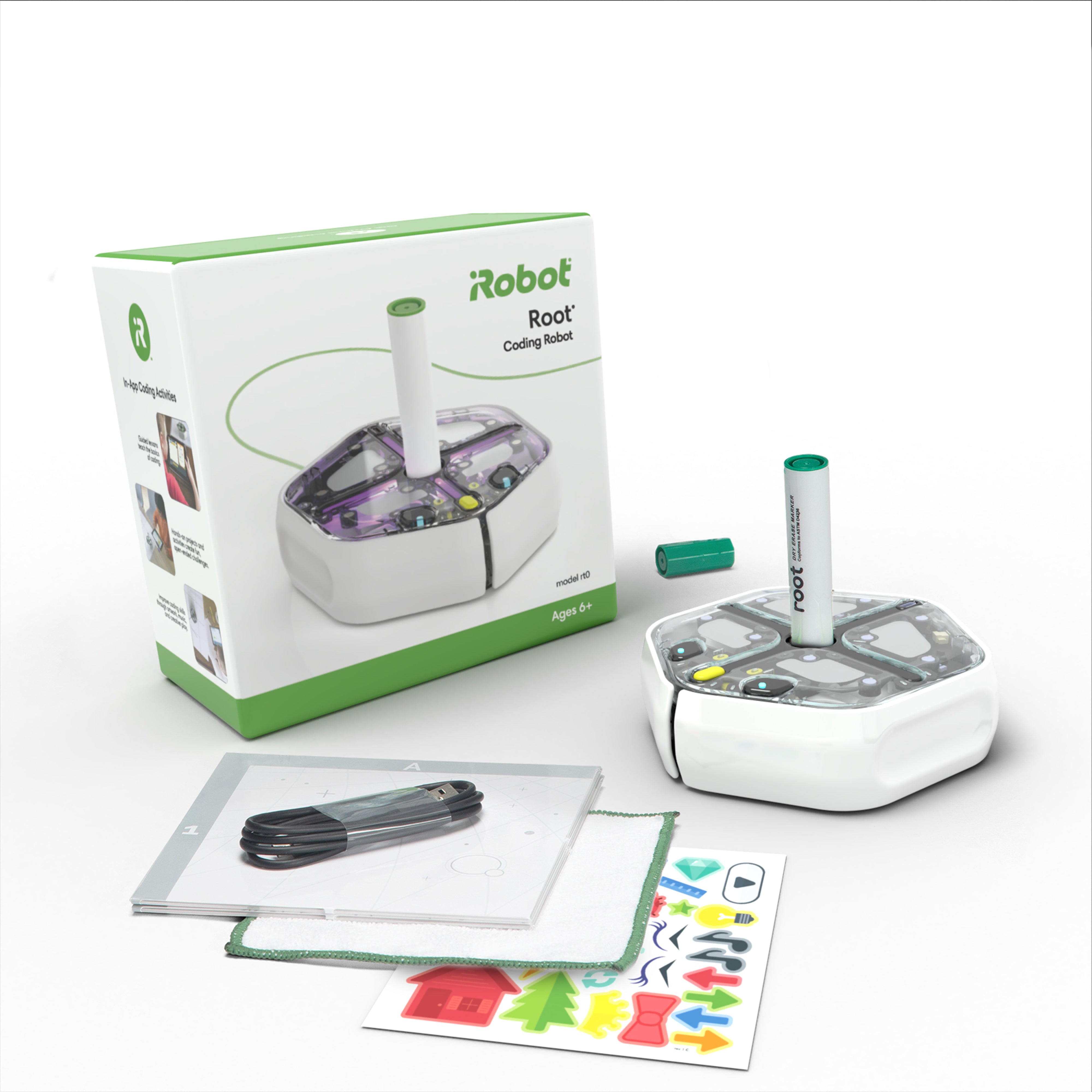 iRobot Root® RT0 coding robot with pen and accessories next to its packaging for fun coding activities.