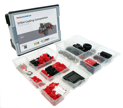 STEM Coding Competition kit featuring components for future engineers, including robotics parts and coding tools.