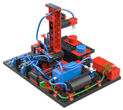 Colorful STEM pneumatics model showcasing basic principles of pneumatic systems with vibrant components.