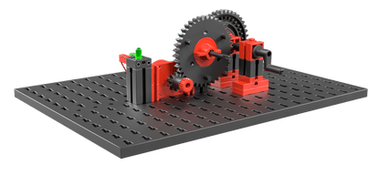 Educational model demonstrating renewable energy concepts with gears and mechanisms for STEM learning.