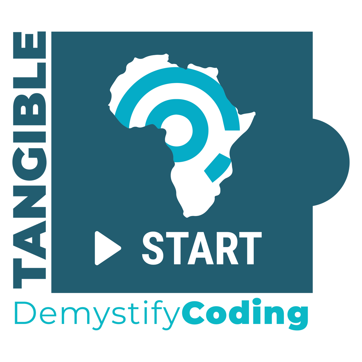 Logo of Tangible Demystify Coding featuring Africa with start button, emphasizing accessibility in coding.