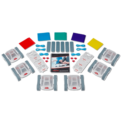 Sphero RVR+ 6 Pack with robots, programming accessories, and educator guide for classroom learning.