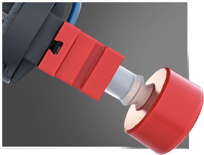 Close-up of a robotic arm joint, showcasing a red connector and attachment for STEM coding robotics.
