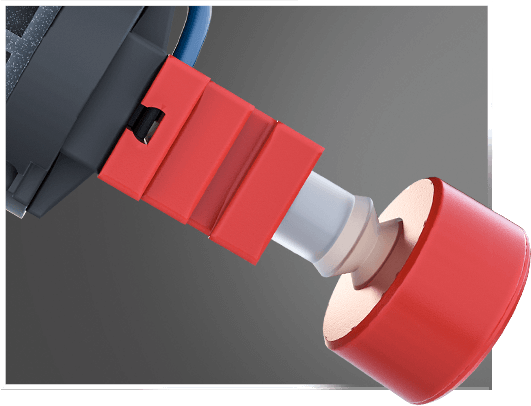 Close-up of a robotic arm joint, showcasing a red connector and attachment for STEM coding robotics.