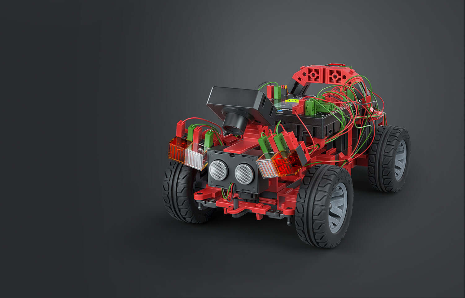 Autonomous driving robot vehicle model showcasing intricate wiring and motors, part of STEM coding educational set.