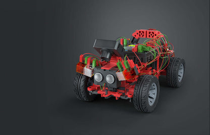 Autonomous driving robot vehicle model showcasing intricate wiring and motors, part of STEM coding educational set.