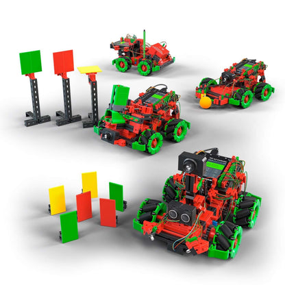 Robotic vehicles equipped with Omniwheels, showcasing STEM coding capabilities and interactive elements in vibrant colors.