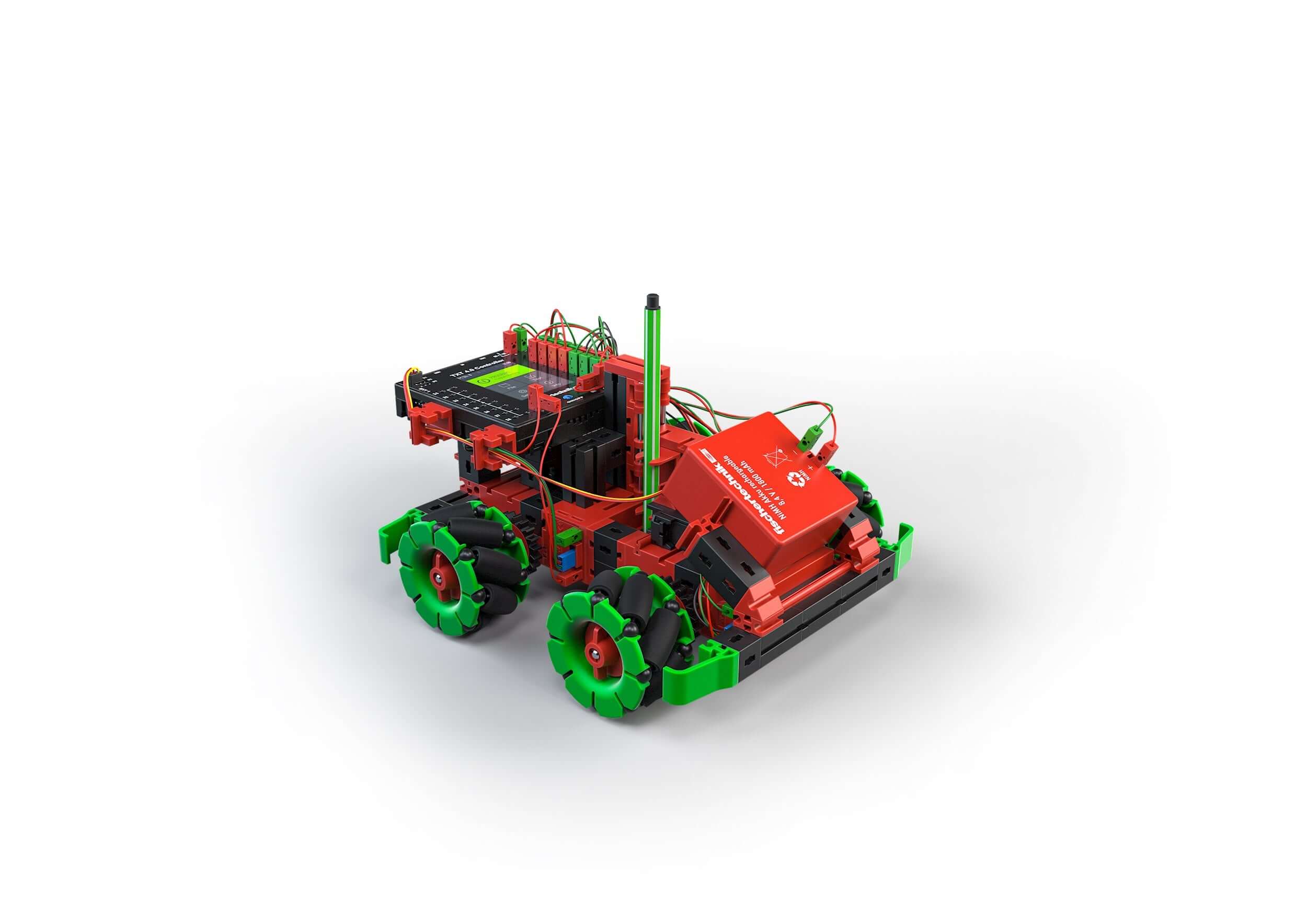Robotics TXT 4.0 with add-on Omniwheels for STEM coding, featuring vibrant red and green components.