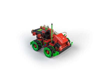 Robotics TXT 4.0 with add-on Omniwheels for STEM coding, featuring vibrant red and green components.