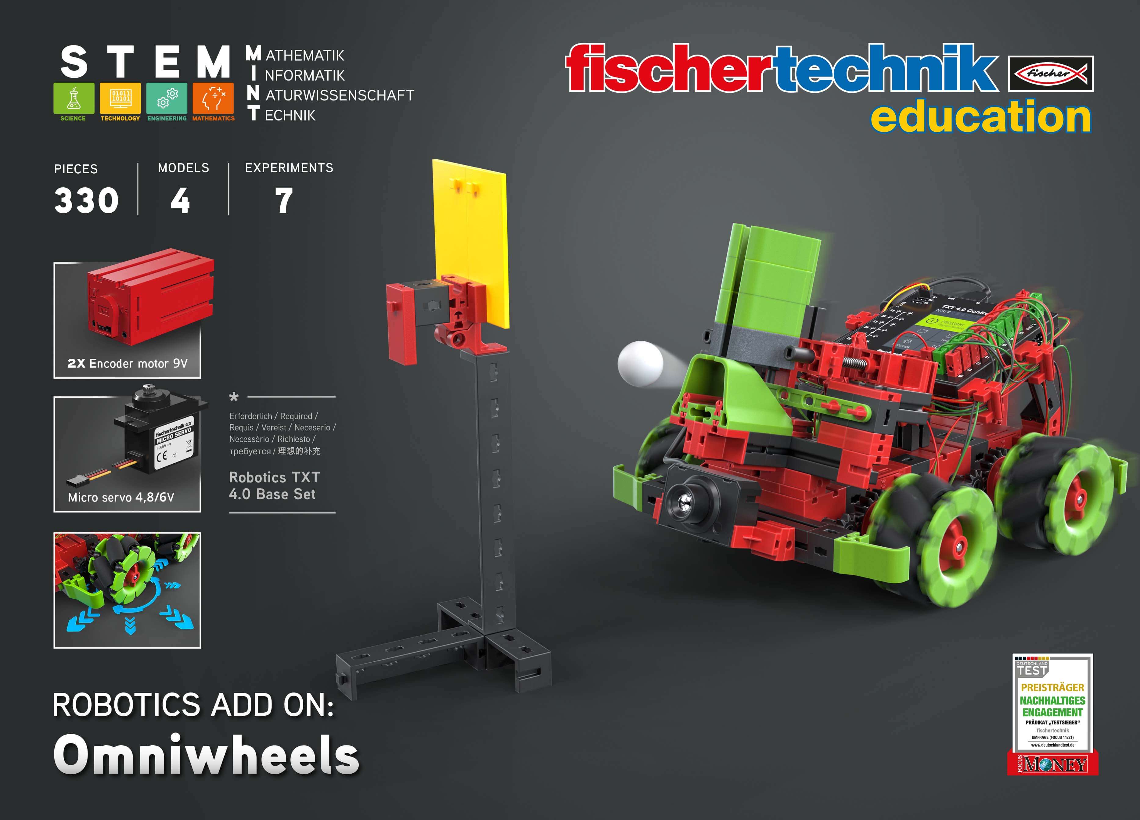 Add-On STEM Coding Ultimate Omniwheels set for the Robotics TXT 4.0 Base Set featuring 330 pieces and 4 models.