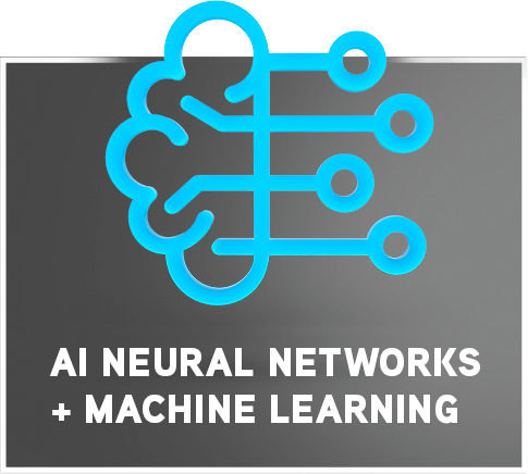 Illustration of AI neural networks with machine learning concepts in blue and gray.