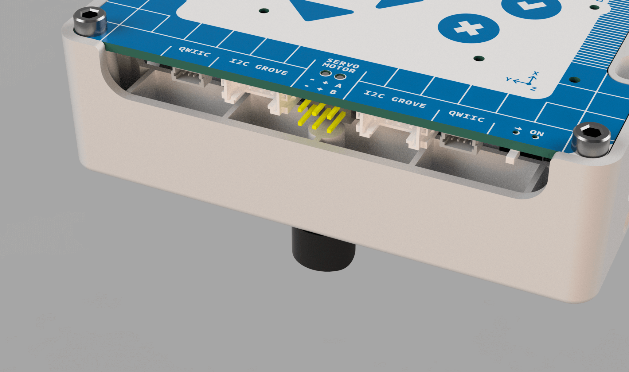 Close-up view of the Arduino Alvik robot car's GPIO pins and connection ports for programming and robotics education.