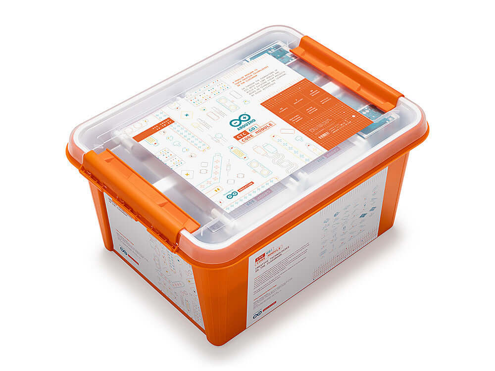 Arduino Education CTC GO! Core Module kit with orange container and curriculum materials for hands-on STEAM learning.