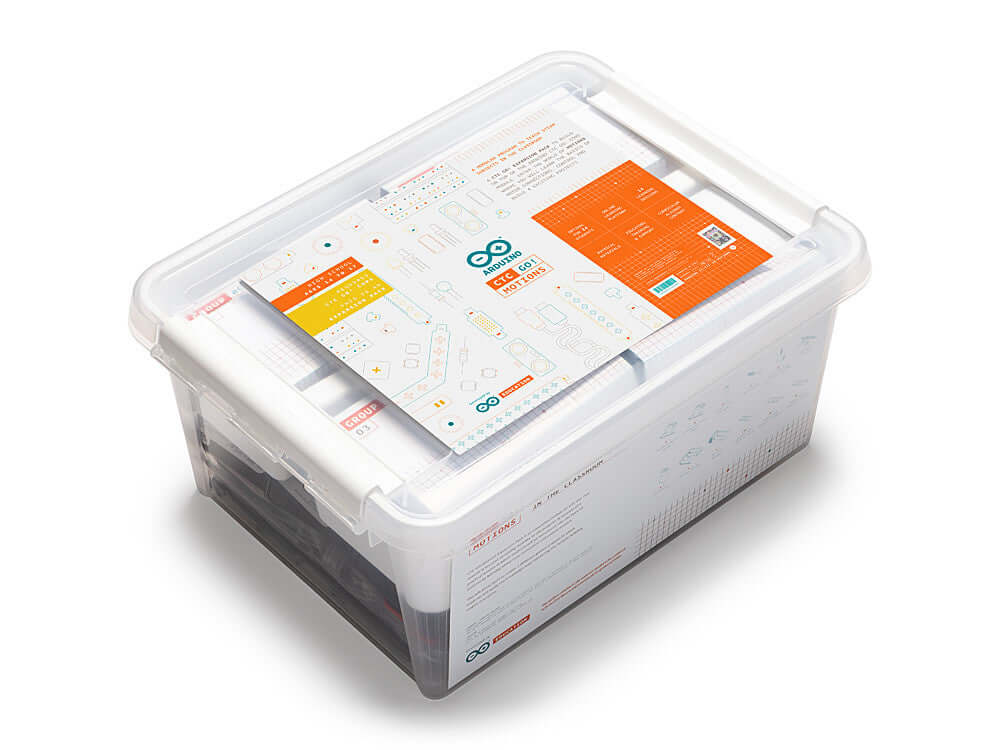 Clear container of Arduino Education CTC GO! Motions Expansion Pack with instructional materials on top.