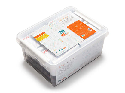 Clear container of Arduino Education CTC GO! Motions Expansion Pack with instructional materials on top.