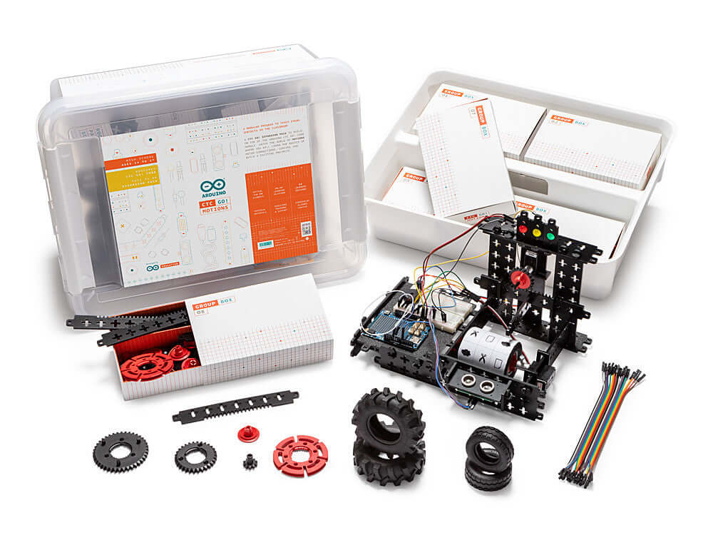 Arduino Education CTC GO! Motions Expansion Pack components with motors, gears, and instruction materials.