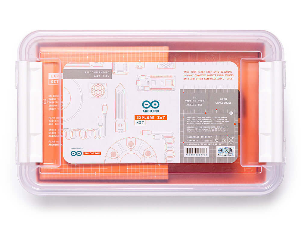 Arduino Explore IoT Kit packaging showcasing educational projects for building internet-connected devices.