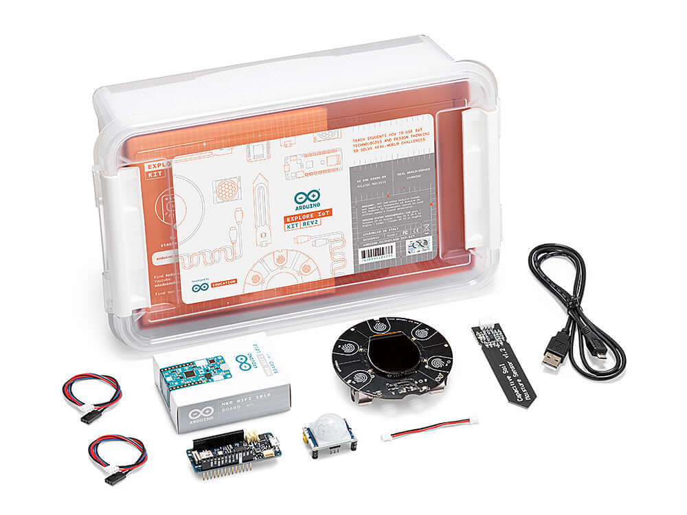 Arduino Education Explore IOT REV 2 kit with components for building connected devices and sustainability projects.