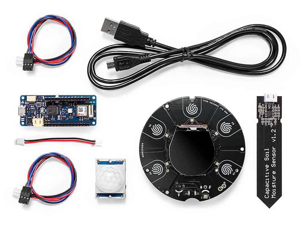Arduino Education Explore IOT REV 2 components including sensors and connectors for building IoT projects.