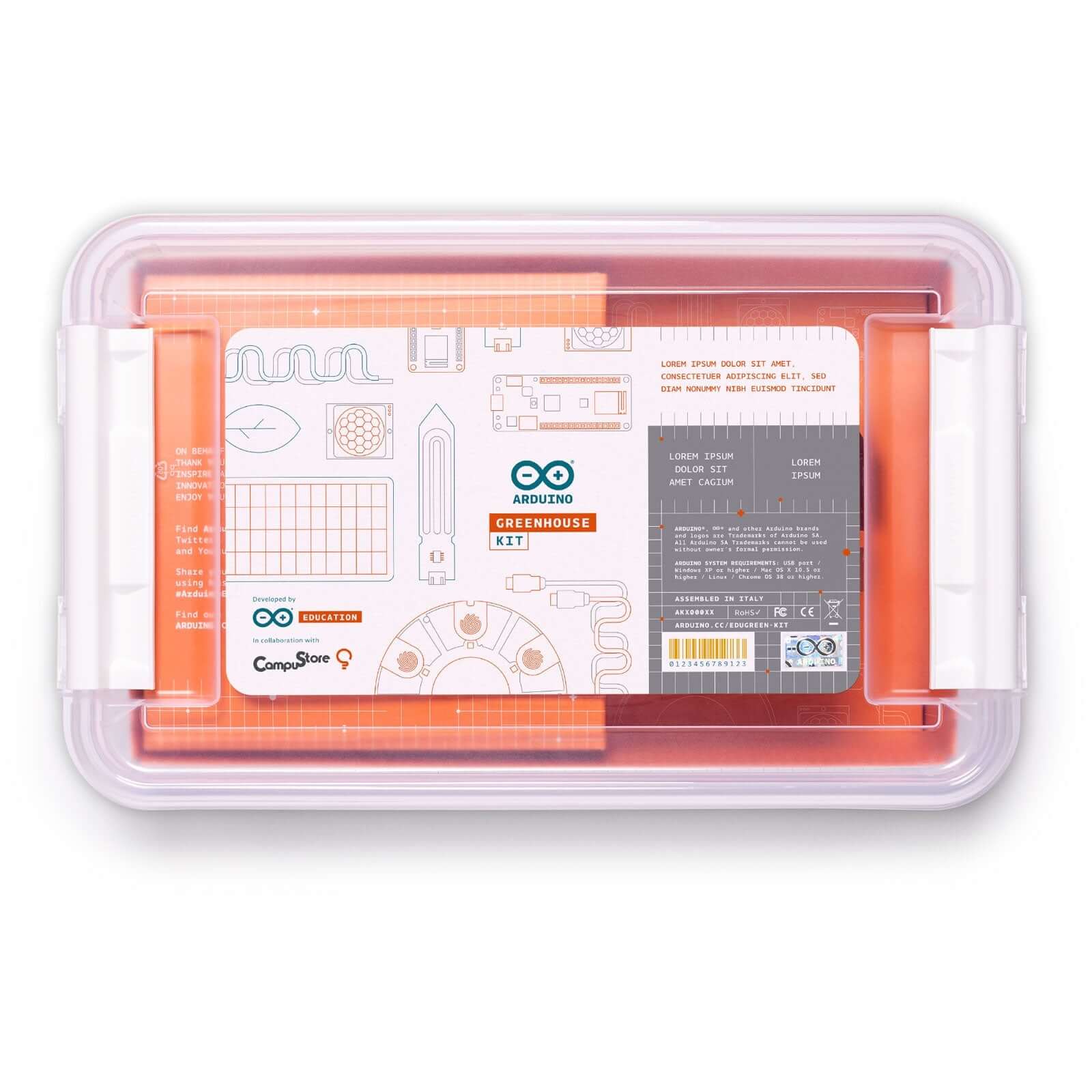 Arduino Education Greenhouse Kit packaging, featuring a clear container and instructional materials for students.