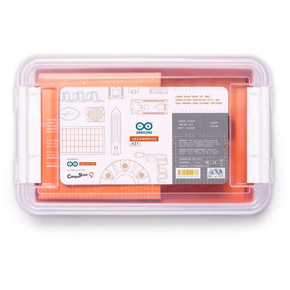 Arduino Education Greenhouse Kit packaging, featuring a clear container and instructional materials for students.