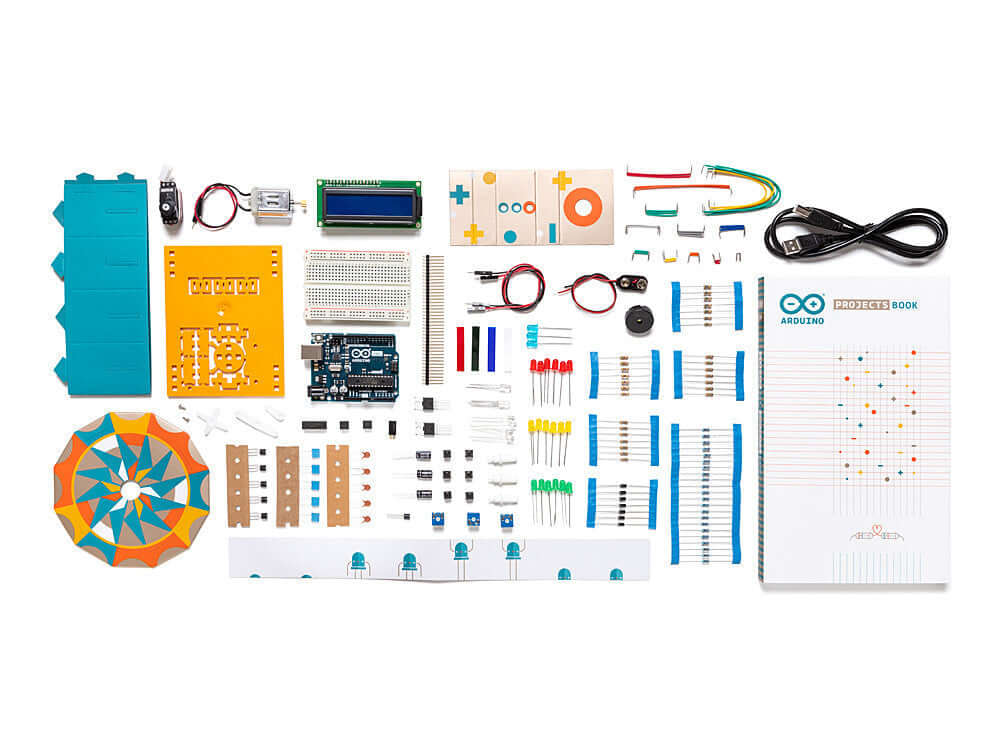 Arduino Education Starter Kit components including microcontroller, sensors, and project book for hands-on learning.