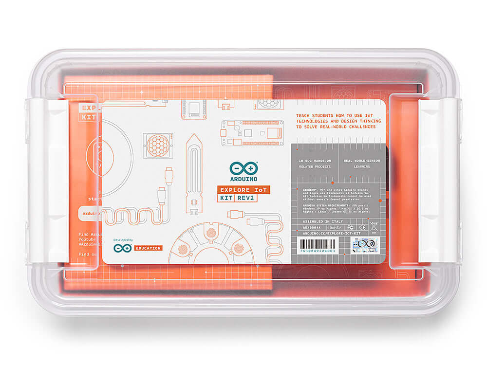Arduino Education Explore IoT REV 2 kit packaging, designed for high school and college sustainability projects.