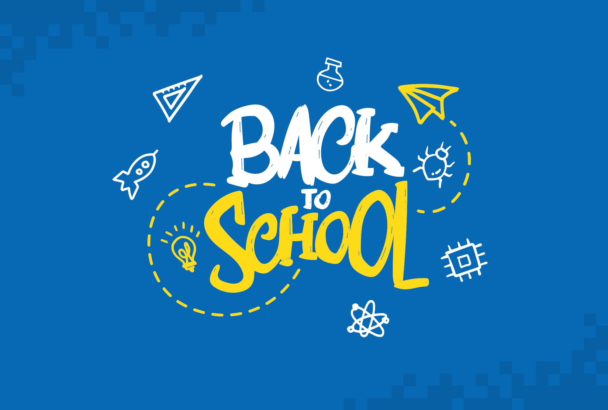 Colorful back to school graphic featuring doodles like a rocket, compass, and science symbols on a blue background.