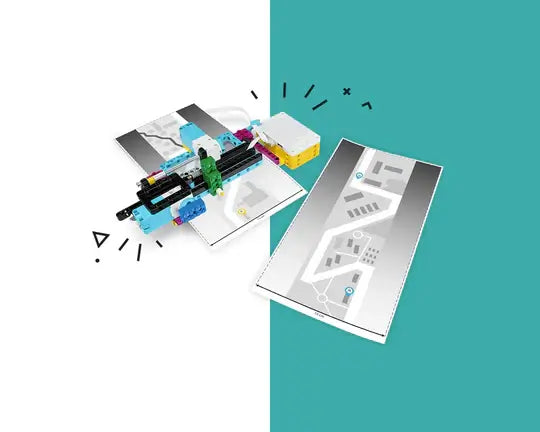 Colorful robotic components next to printed blueprints on teal background, showcasing interactive technology.