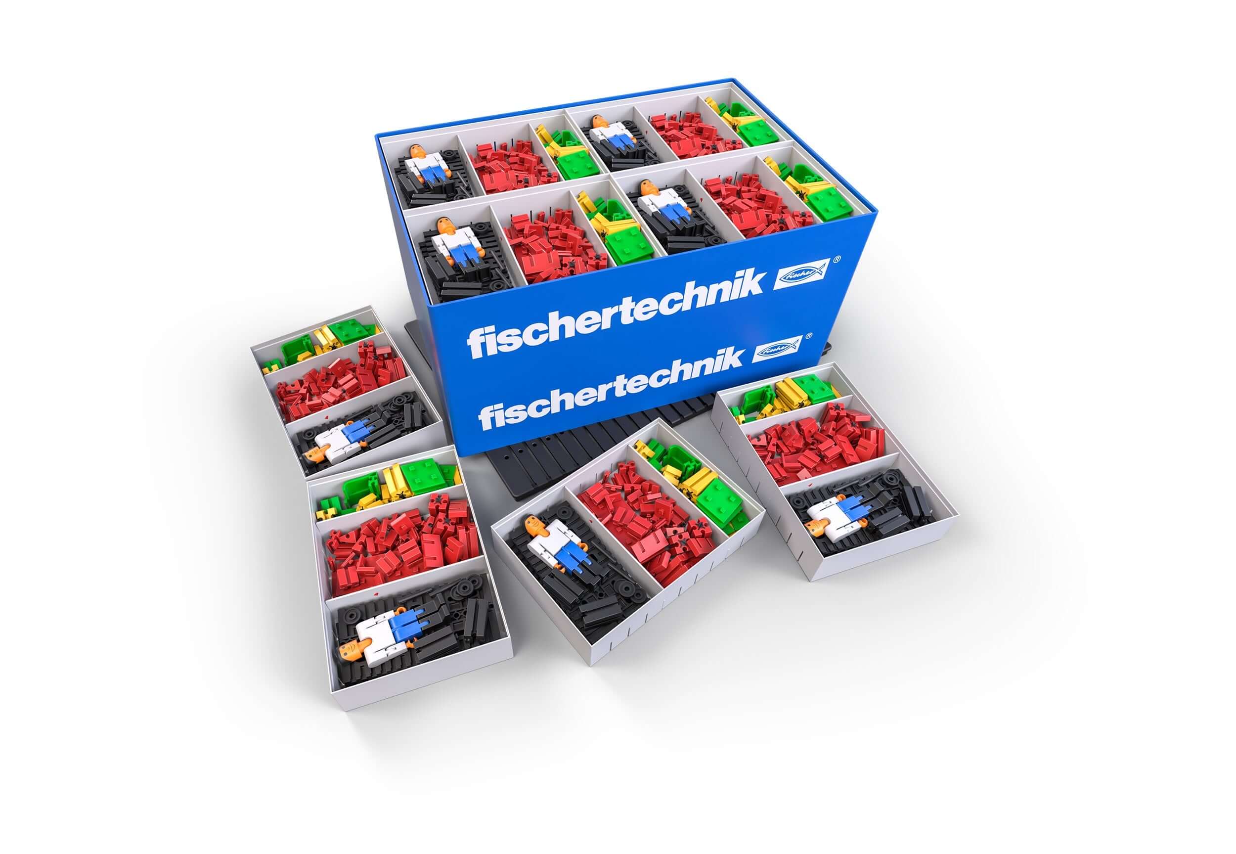 fischertechnik CLASS SET Basics for elementary school, featuring colorful building blocks and figures in organized trays.