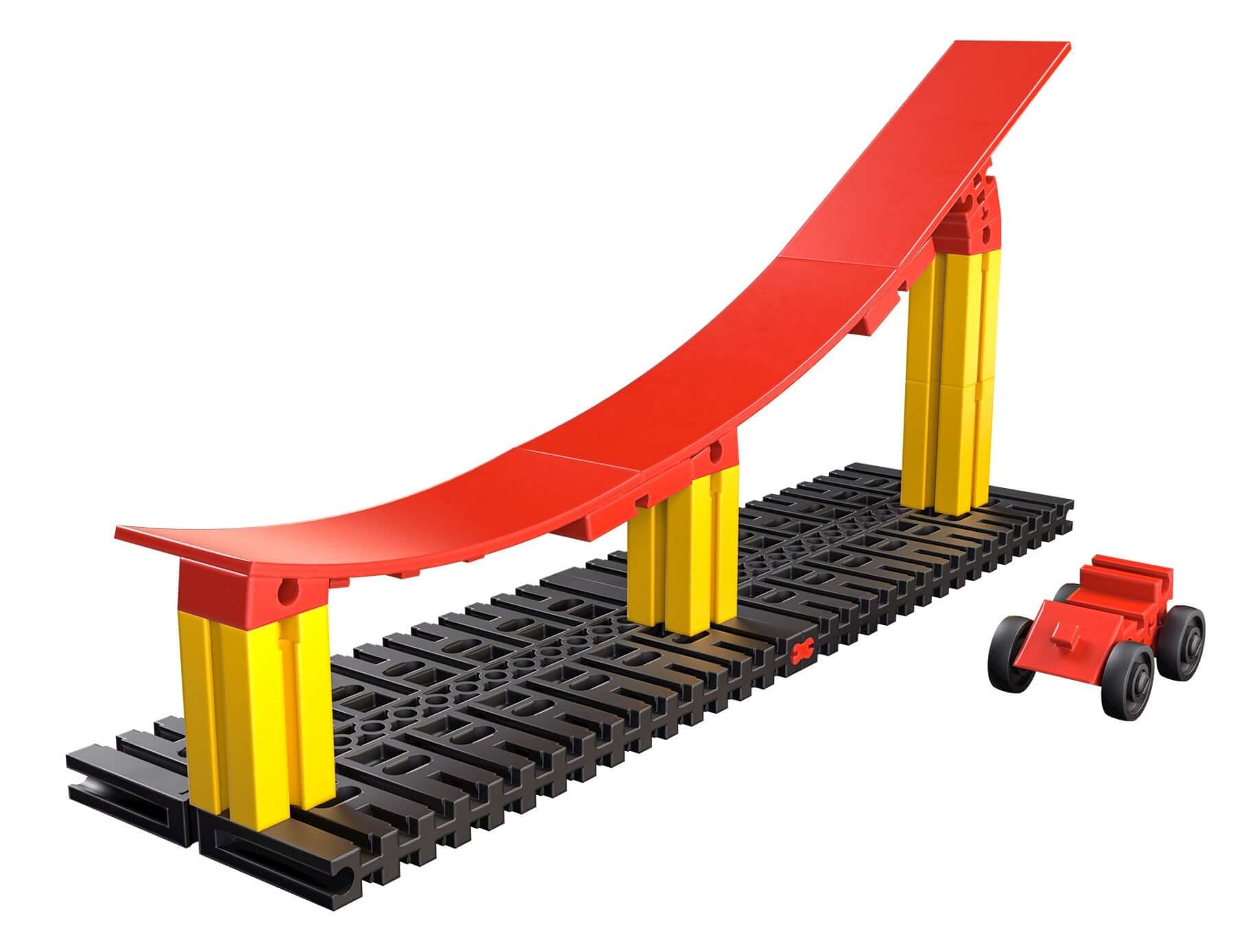 Colorful building set for kids featuring a track ramp, pillars, and a toy car, ideal for creative play in classrooms.