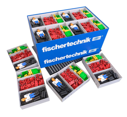 Creative building class set for elementary school, featuring colorful blocks and figures in organized storage boxes.