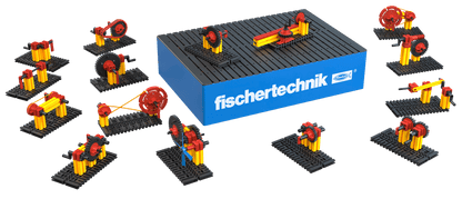 Fischertechnik CLASS SET Gears for teaching gear basics in primary school, featuring red and yellow models and interactive designs.