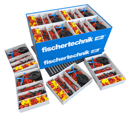 Colorful fischertechnik CLASS SET Gears with various gears, wheels, and building components for educational purposes.