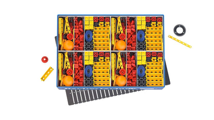 Colorful class set for teaching simple machines, featuring various building components for physics education.