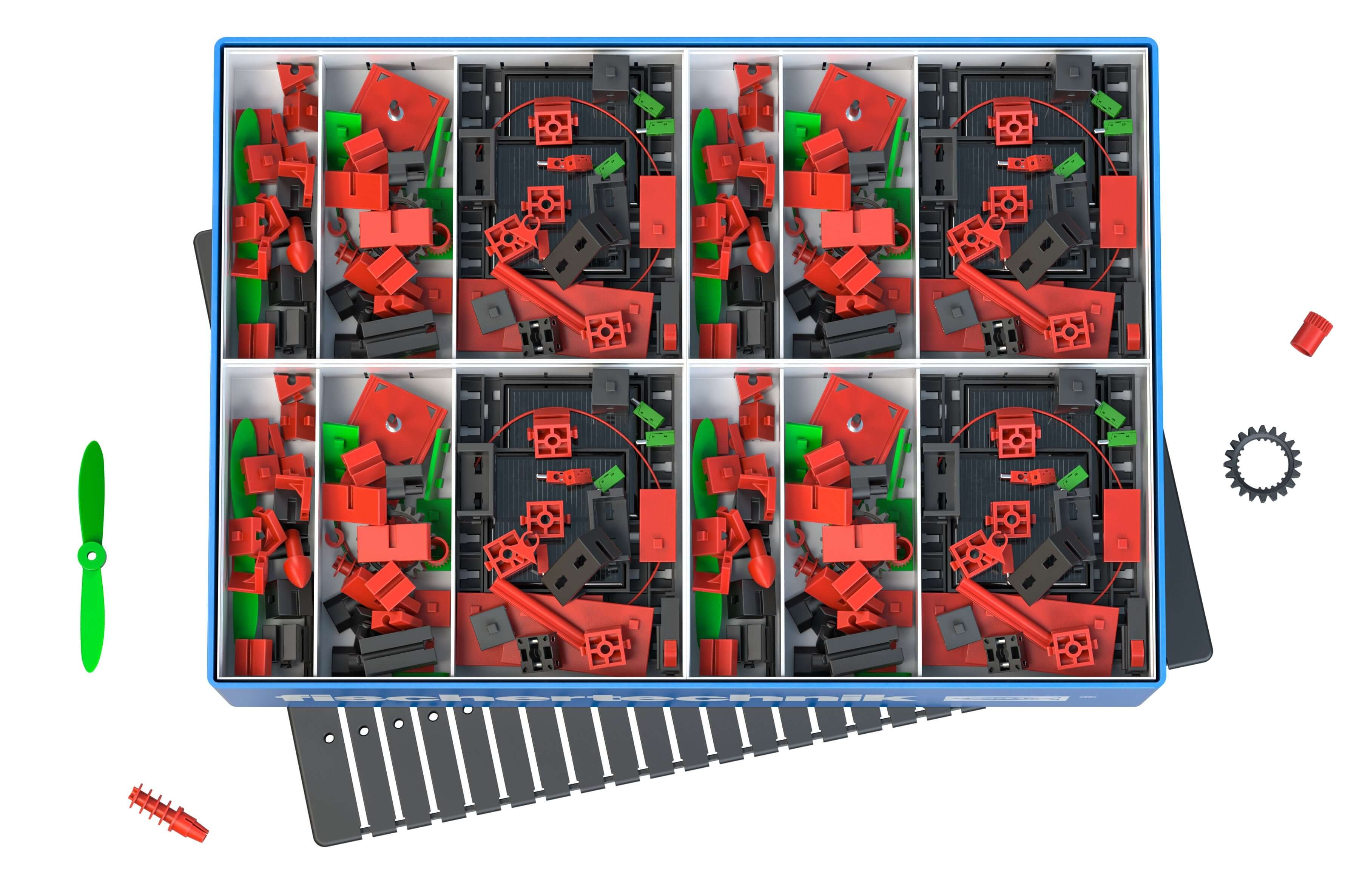 Colorful solar energy educational kit with various building blocks and components for primary school students.
