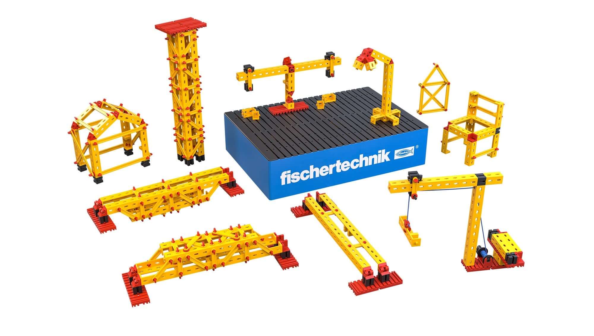 Class set of statics models featuring cranes and structures for primary school learning.