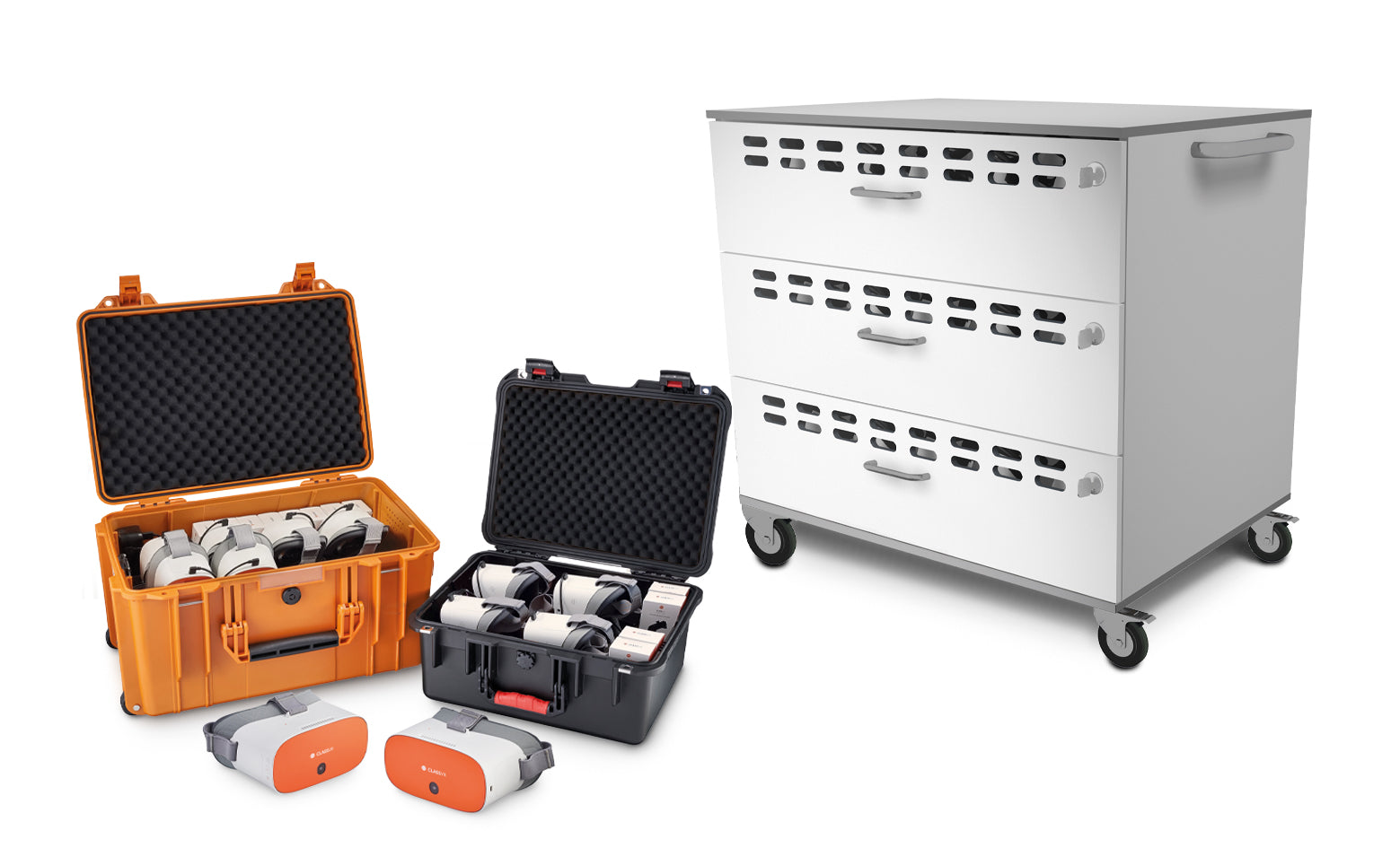 ClassVR Premium Set with 30 VR headsets and controllers in durable cases and storage cart for educational use.