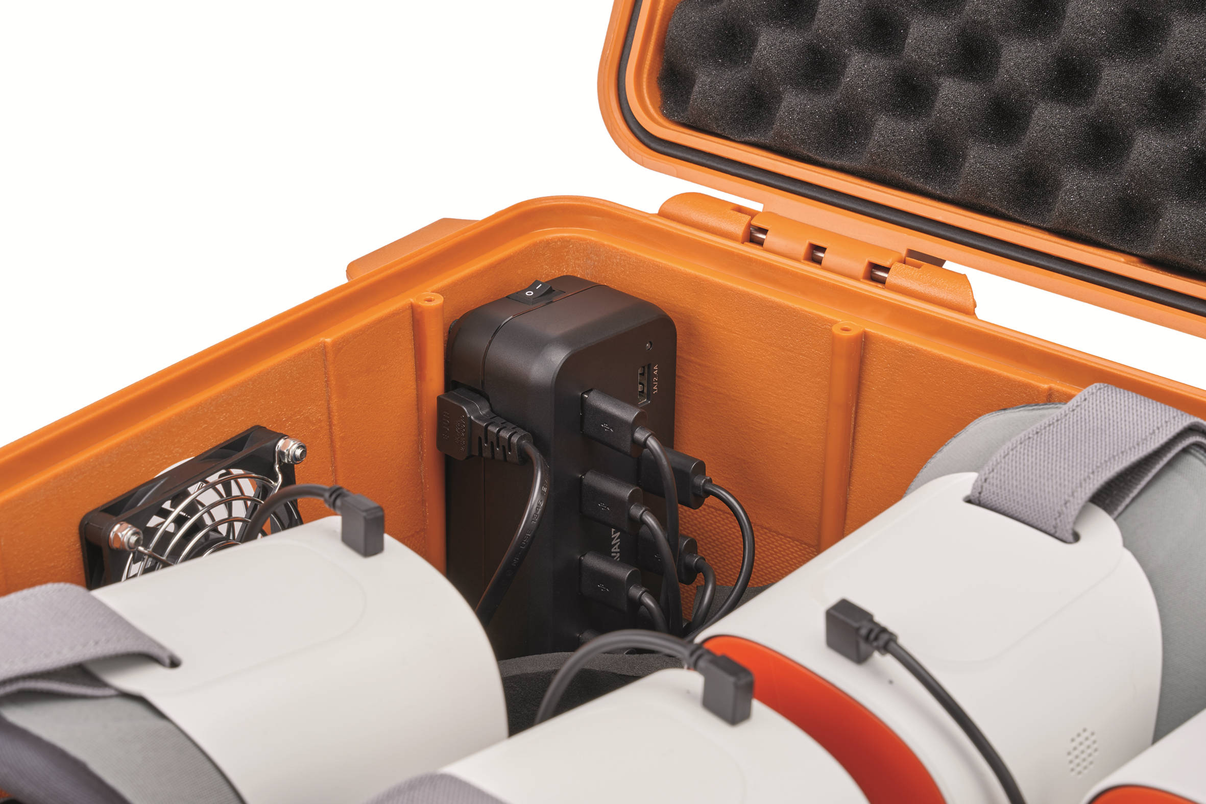 ClassVR Premium Set storage case with charging dock and multi-device connections for VR headsets.