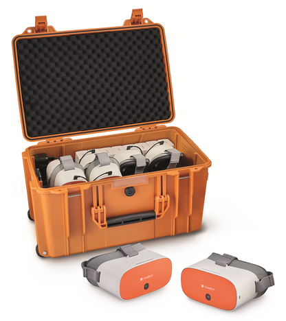 ClassVR Premium Set of 8 VR headsets in an orange carrying case, designed for educational use and engaging learning experiences.