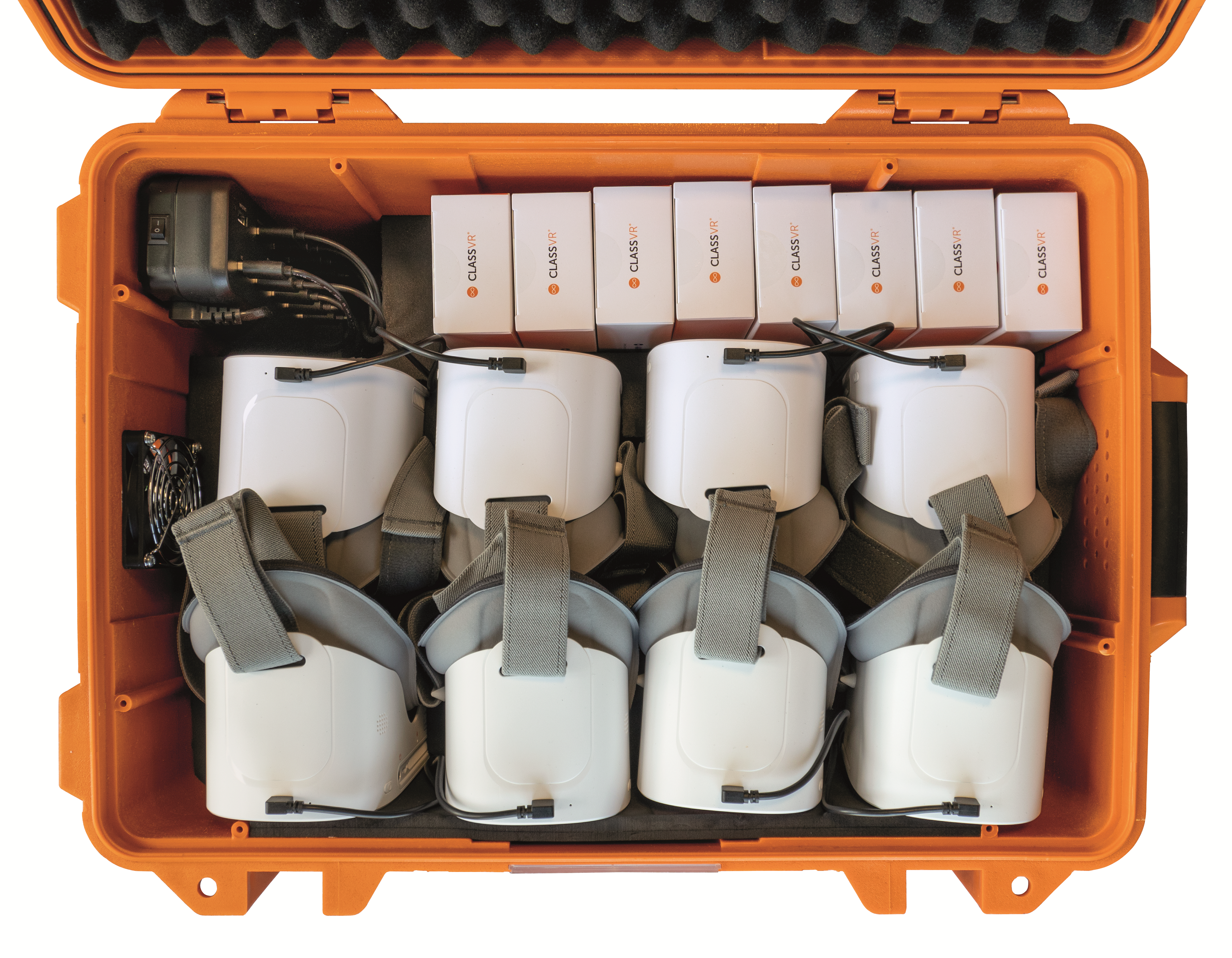 ClassVR Premium Set of 8 virtual reality headsets and controllers in an orange carrying case for educational use.