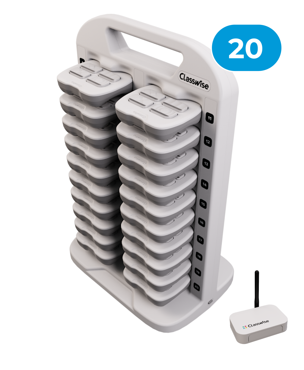 Classwise 20 educational device with multiple interactive tablets for engaging classroom gamification.